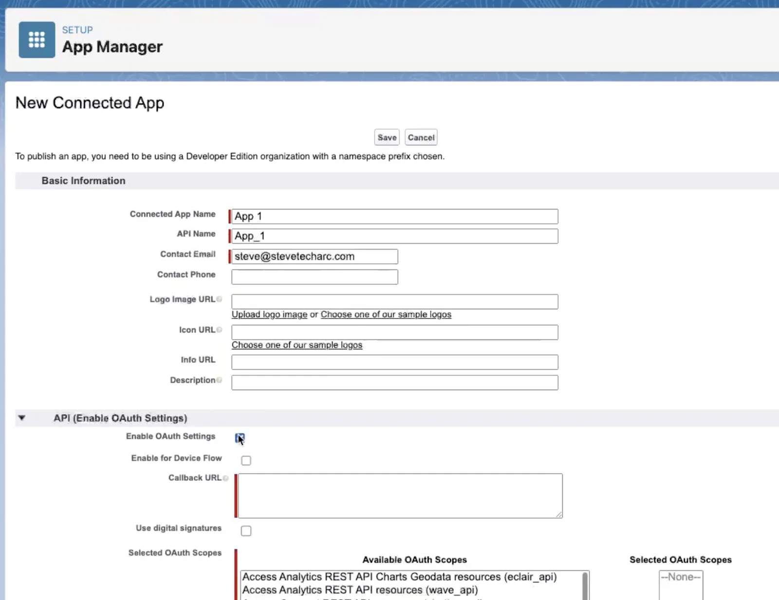 Zrzut ekranu: tworzenie nowej connected app w App Managerze, z włączonymi ustawieniami OAuth