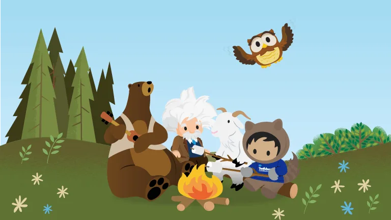 Postacie Salesforce Codey, Einstein, Appy i Astro przy ognisku w lesie