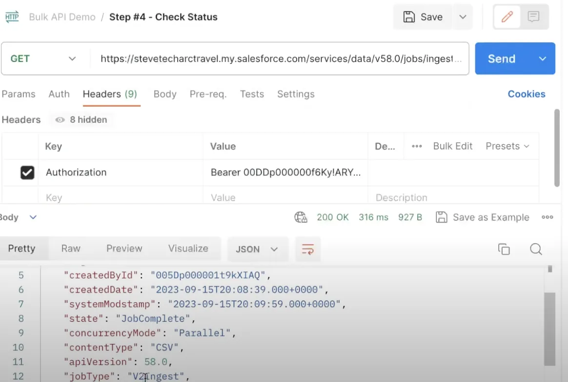 Skjermbilde fra Postman, trinn 4: et GET-kall som sjekker jobbens status og viser JobComplete