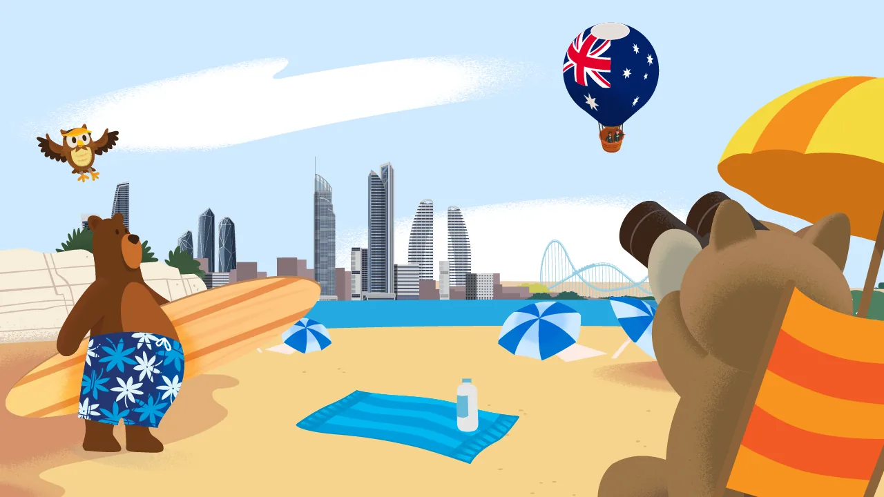 تمائم Salesforce على شاطئ في غولد كوست، رسم Trailblazer Bootcamp Gold Coast
