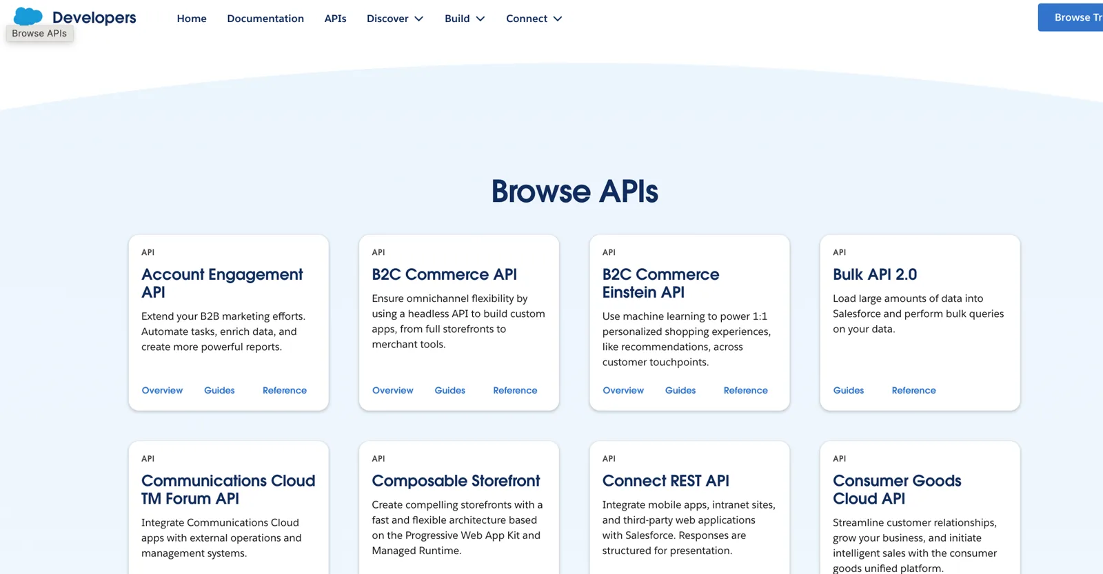 لقطة شاشة: صفحة Browse APIs على موقع Salesforce Developers، وفيها قائمة ببطاقات واجهات API