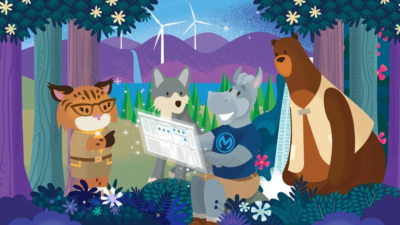 تمائم Salesforce تنظر معًا إلى لوحة معلومات في غابة، رسم المعسكر التدريبي TDX 2024