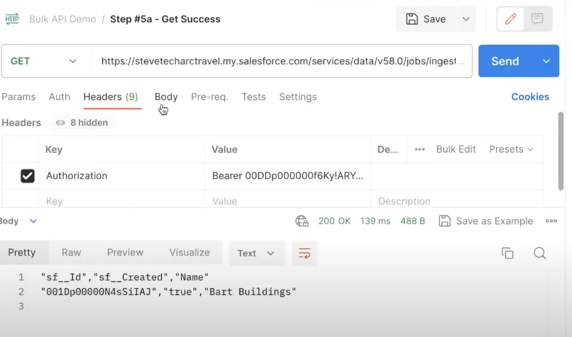 Skærmbillede fra Postman, trin 5: et GET-kald, der downloader de vellykkede resultater som CSV med den nye posts id