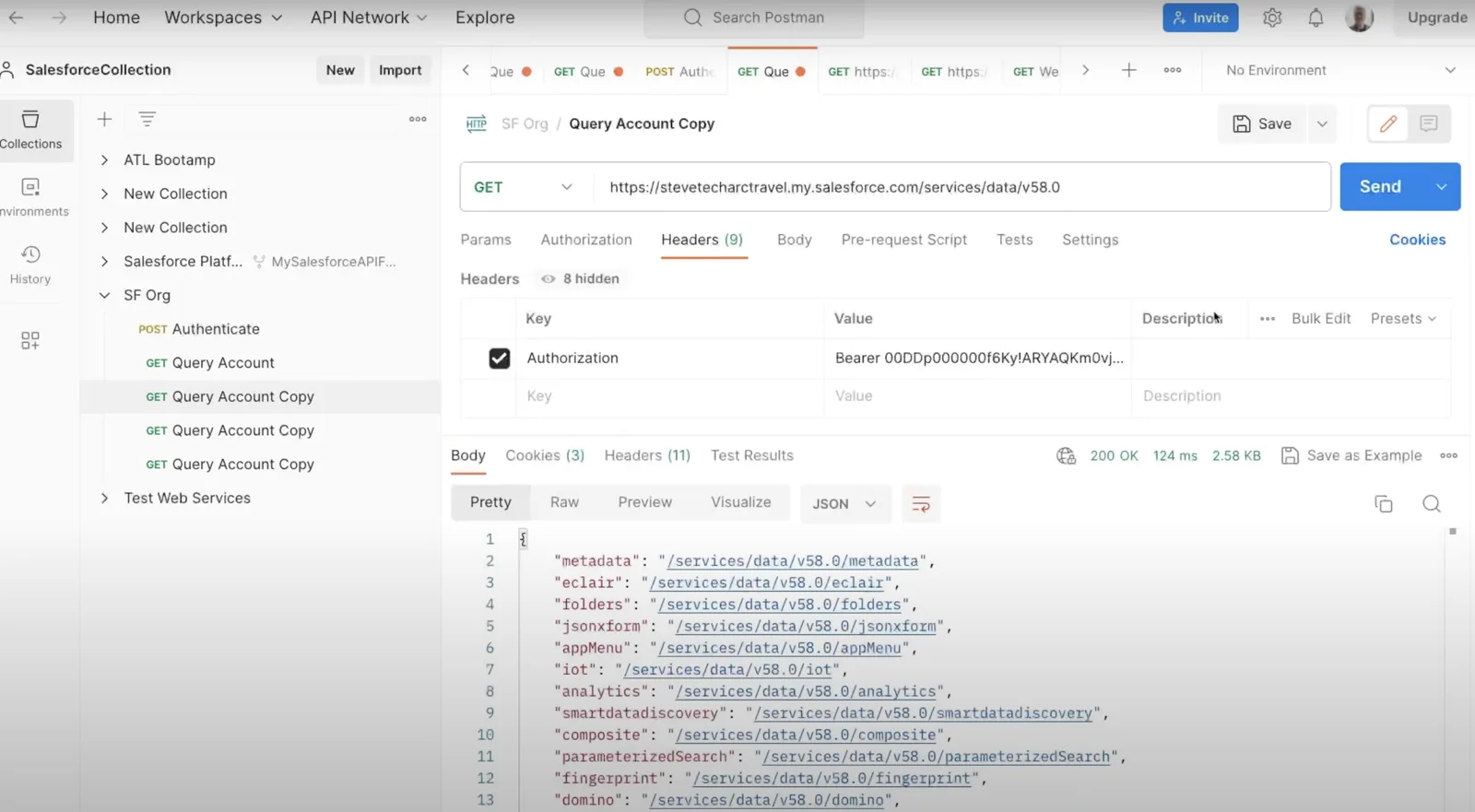 لقطة شاشة من Postman: مجموعة Salesforce فيها طلب مصادقة واستعلامات REST، وتُظهر قائمة موارد REST المتاحة