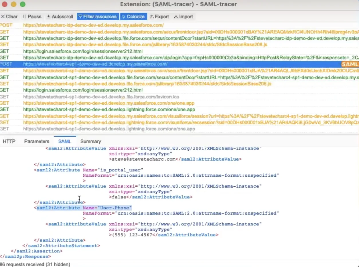 Skærmbillede: browserudvidelsen SAML-tracer, der viser SAML-svaret med attributten User.Phone