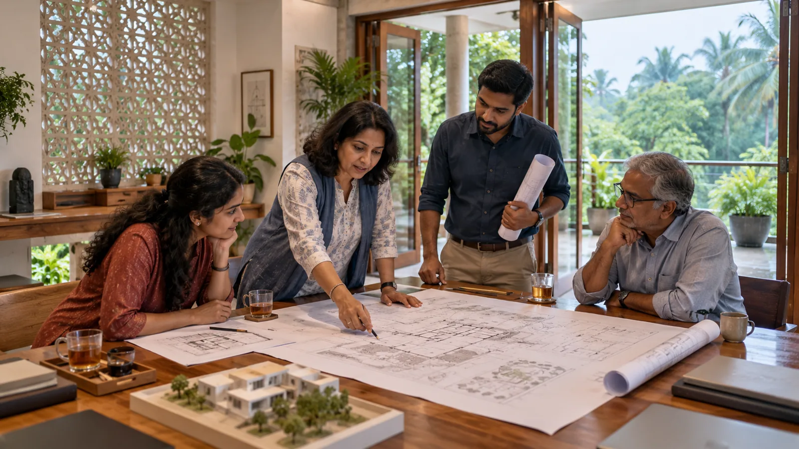 In a Bengaluru studio, a senior architect points to the whole plan on the table while colleagues hold their own parts of the drawings.