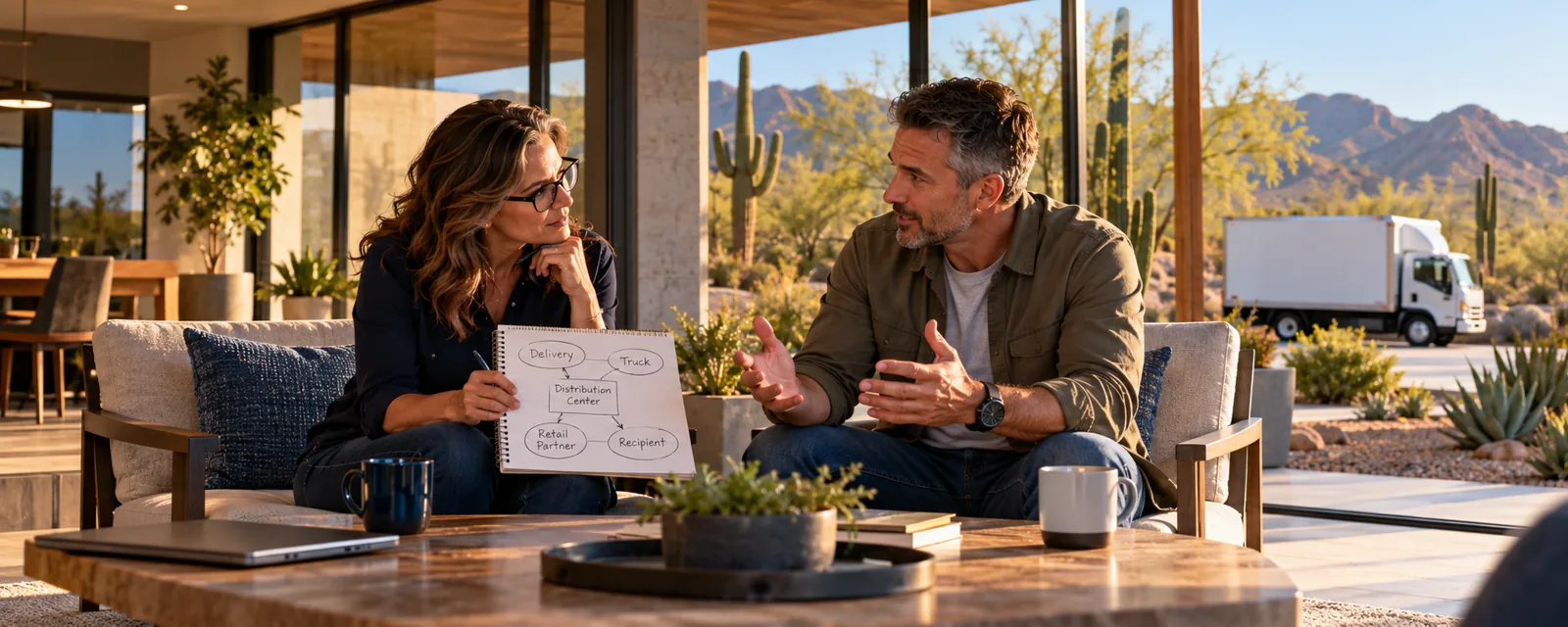 Architect listening to a delivery-business owner and sketching the first shape of a data model in a desert home