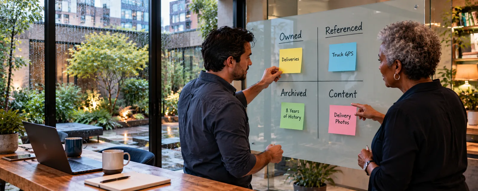 Architect and senior developer sorting delivery data into owned, referenced, archived and content zones on a glass wall on a rainy day