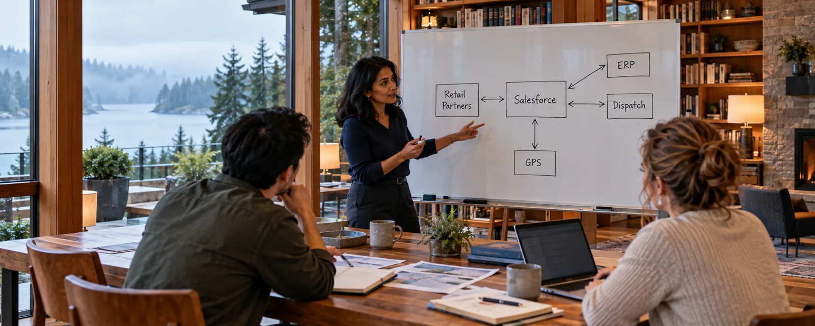 Lead architect drawing a system landscape around Salesforce on a whiteboard for two colleagues on a misty morning