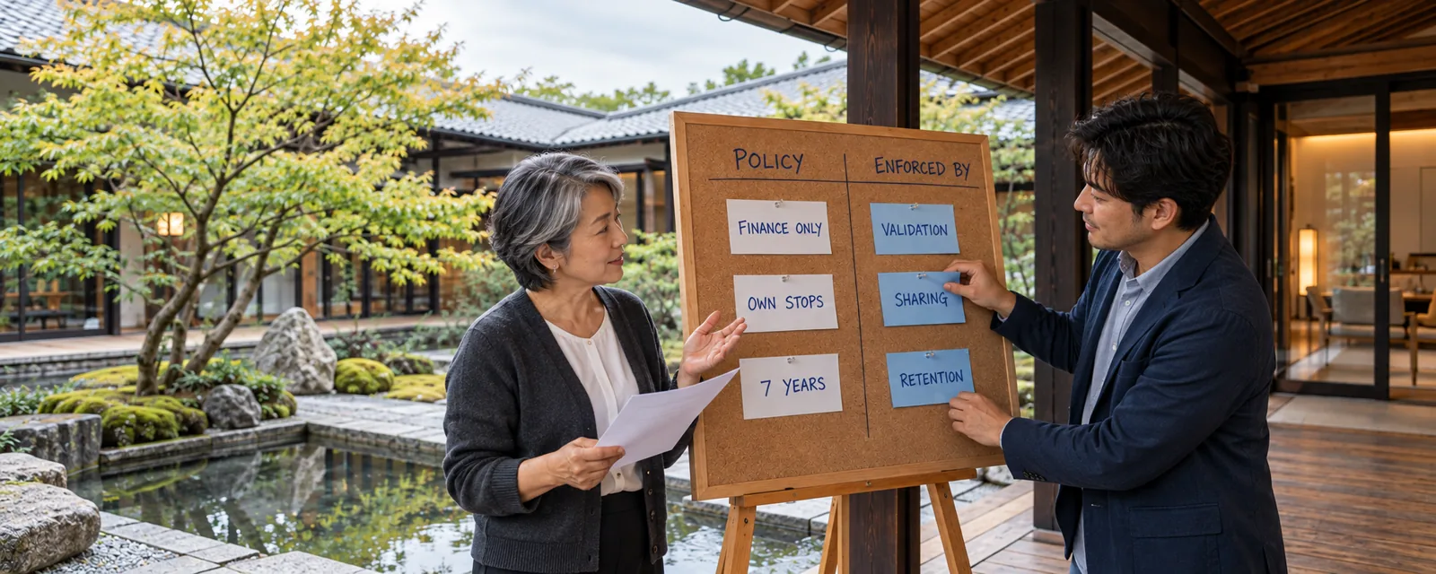 A finance director explains the data policies while the architect pins what enforces each one: validation, sharing and retention