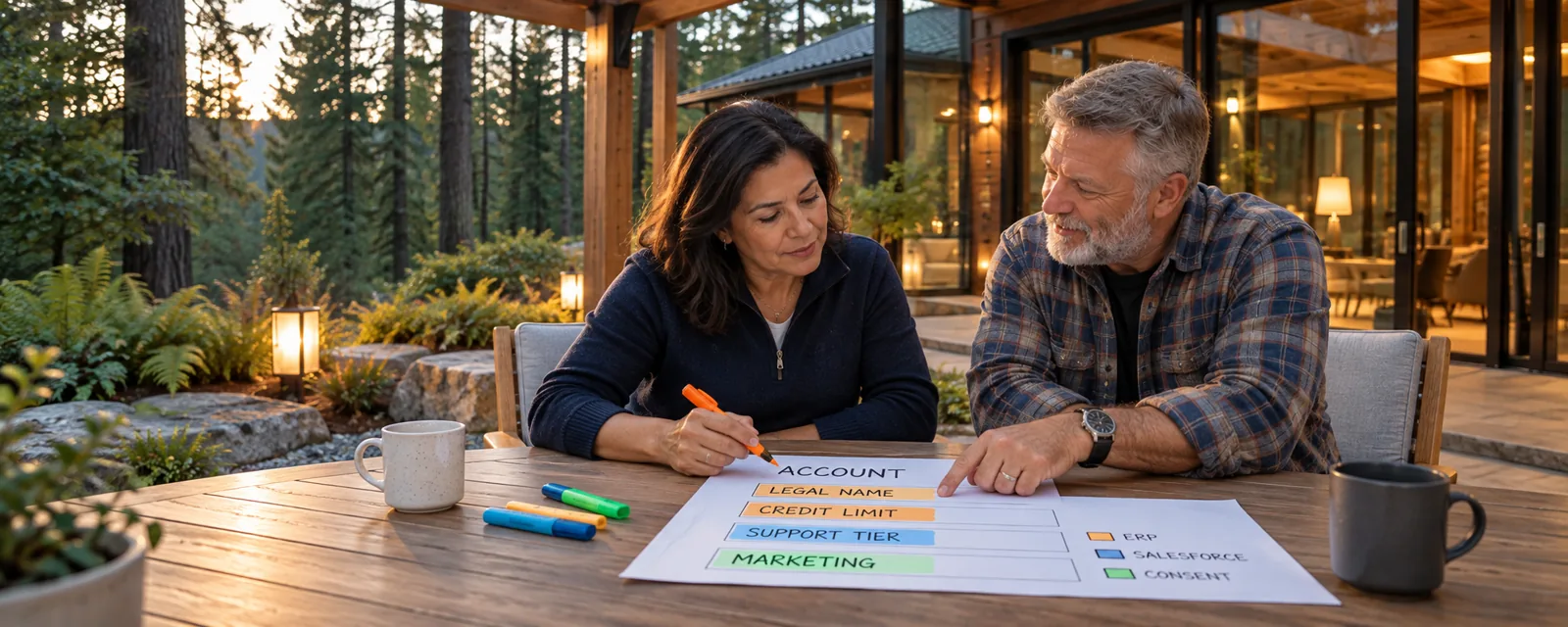 An architect and the ERP owner color-code one customer record, field by field, by the system that owns each one