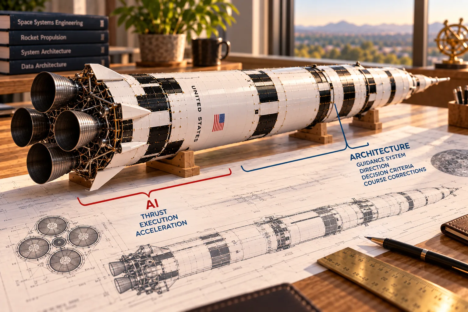 A Saturn V-style rocket model rests horizontally on architectural blueprints, with red callouts for AI-powered thrust and blue callouts for architectural guidance and course correction