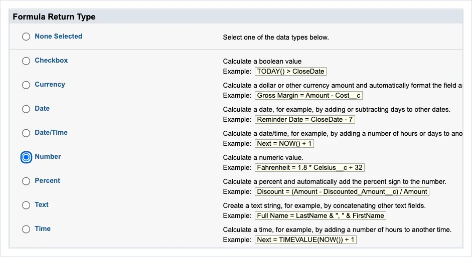 The formula return types: Checkbox, Currency, Date, Date/Time, Number, Percent, Text and Time, each with an example formula