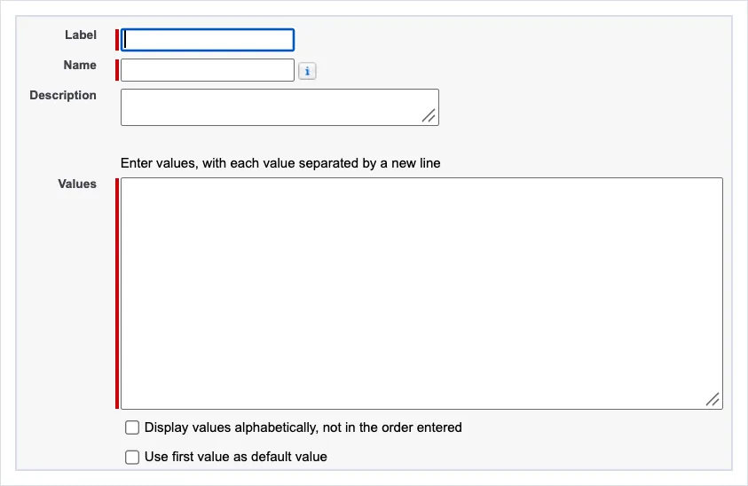 A new global value set: label, name, description, the values one per line, and options to sort them alphabetically or use the first value as the default